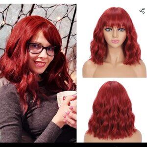 Mixed Red Wine Wavy Bob Synthetic Wig with Bangs 14"